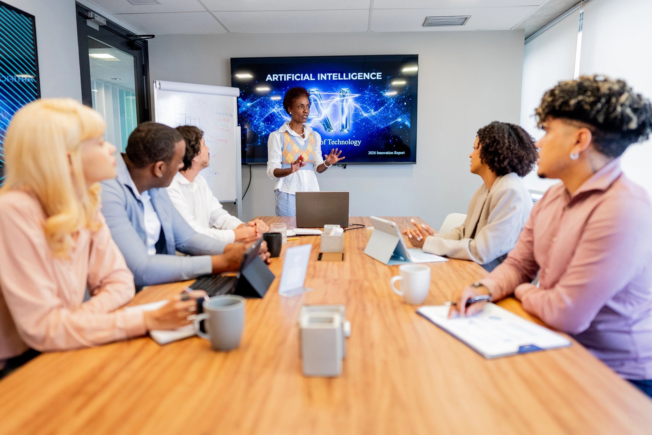 Editorial team collaborating in a newsroom meeting